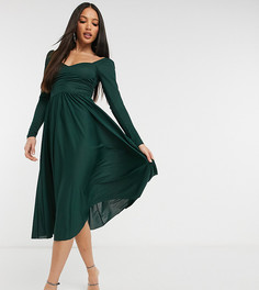 Платье миди хвойно-зеленого цвета со сборками на груди и длинным рукавом ASOS DESIGN Tall-Зеленый