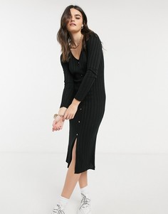 Черное платье мини в рубчик с планкой на пуговицах спереди ASOS DESIGN-Черный