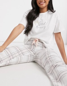Пижамный комплект с надписью "Good morning" и широкими штанами в розовую клетку New Look-Розовый