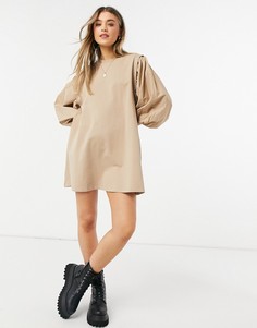 Бежевое трикотажное платье мини с объемными рукавами ASOS DESIGN-Коричневый