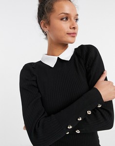 Черный джемпер с объемными рукавами в рубчик и воротником New Look