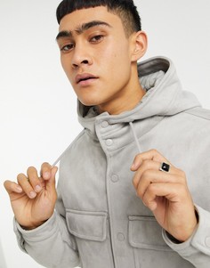 Серая утепленная куртка из искусственной замши с капюшоном ASOS DESIGN-Серый