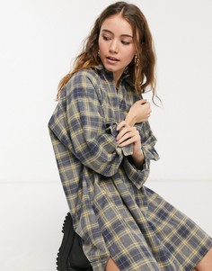 Темно-синее короткое платье-рубашка бойфренда в стиле oversized в желтую клетку ASOS DESIGN-Многоцветный