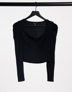Черный топ в с декоративным швом на груди и рукавами с оборками New Look