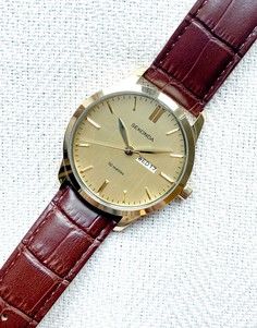 Часы с коричневым кожаным ремешком и золотистым циферблатом Sekonda-Коричневый