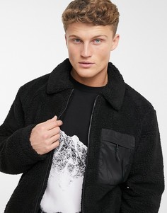 Черная куртка из искусственного меха с нейлоновыми карманами New Look-Черный