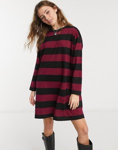 Платье-футболка в стиле oversize с длинным рукавом в черную и винную полоску ASOS DESIGN-Красный
