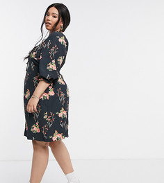 Темное платье мини в кантри-стиле с цветочным принтом Glamorous Curve-Черный