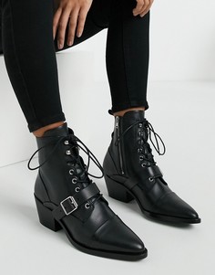 Черные кожаные ботинки на каблуке со шнуровкой и пряжкой AllSaints-Черный