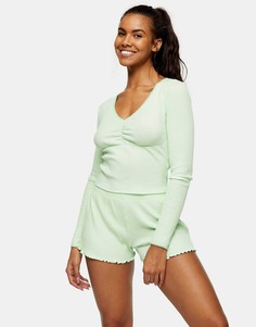 Светло-зеленый пижамный комплект в полоску и в рубчик с лонгсливом Topshop