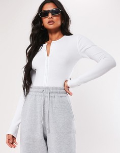 Белое боди с длинными рукавами в рубчик на пуговицах Missguided-Белый