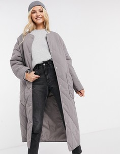 Стеганое пальто мягкого серого цвета ASOS DESIGN-Голубой