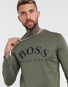 Приталенный свитшот цвета хаки с крупным логотипом BOSS Athleisure Salbo-Зеленый