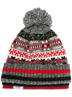 Doublet patterned pom pom beanie