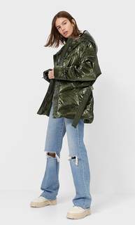 Stradivarius Стеганая Куртка С Поясом Женская Коллекция Хаки Xl