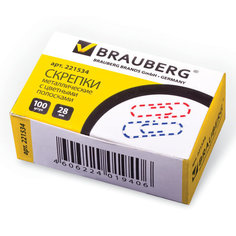 Скрепки BRAUBERG, 28 мм с цветными полосками, 100 шт., в картонной коробке