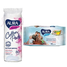 Влажные салфетки освежающие AURA TROPIC COCKTAIL 60шт +Ватные диски AURA BEAUTY 100шт