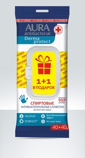 Влажные салфетки AURA антибактериальные спиртовые 40шт 1+1