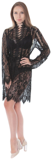 Изысканный кружевной халатик с поясом, черный, XS, Mia Mia