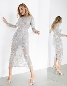 Платье миди с бахромой из кристаллов ASOS EDITION-Серый