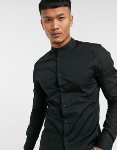 Черная приталенная рубашка с воротом на пуговице ASOS DESIGN-Черный