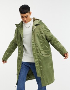Зеленая удлиненная куртка-парка из блестящего нейлона ASOS DESIGN-Зеленый
