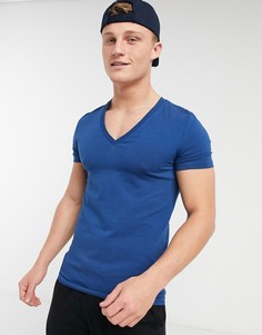 Темно-синяя облегающая футболка с глубоким V-образным вырезом ASOS DESIGN-Голубой