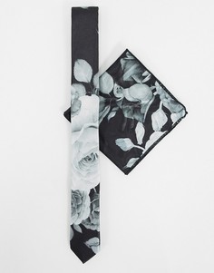 Узкий галстук и платок для нагрудного кармана с цветочным принтом Bolongaro Trevor-Черный