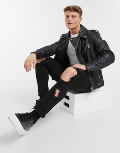 Черная кожаная байкерская куртка ASOS DESIGN-Черный