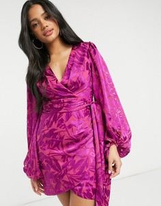 Яркое платье мини цвета фуксии со сборками и рукавами-фонариками Forever New-Розовый