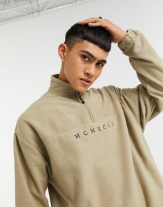 Бежевый флисовый oversize-свитшот с короткой молнией и принтом римских цифр ASOS DESIGN