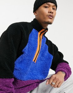 Плюшевый oversized-свитшот на молнии до груди с яркими вставками в стиле колор-блок ASOS DESIGN-Черный