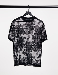 Свободная футболка из черной сетки с цветочным принтом ASOS DESIGN-Черный