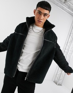 Черная куртка в стиле oversized из искусственного меха с декоративной лентой ASOS DESIGN-Серый