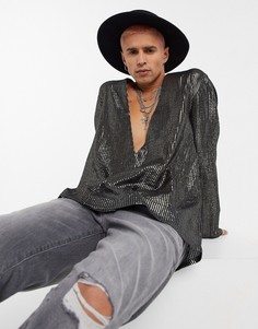 Двубортная рубашка в полоску цвета металлик ASOS DESIGN-Серебряный