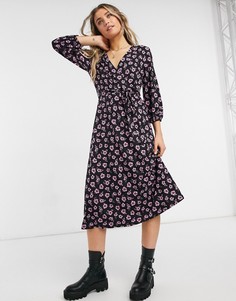 Черное платье миди на запахе с принтом New Look-Черный