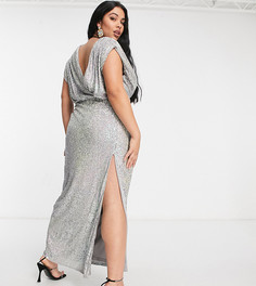 Эксклюзивное серебристое платье макси с запахом, глубоким вырезом и пайетками Jaded Rose Plus-Серебристый
