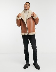 Светло-коричневая куртка-авиатор из искусственной овчины ASOS DESIGN-Светло-коричневый