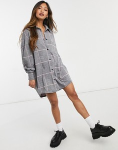 Платье-рубашка мини розового и серого цветов с длинными рукавами ASOS DESIGN-Розовый