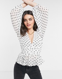Белая присборенная блузка в горошек с длинными рукавами River Island-Белый