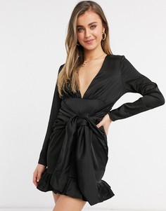 Платье с запахом и сборками Lola May-Черный