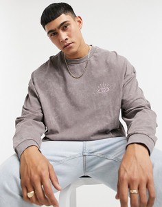 Свободный лонгслив с эффектом кислотной стирки и вышивкой на груди ASOS DESIGN-Коричневый