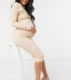 Бежевое платье миди в рубчик с длинными рукавами и перекрученным дизайном ASOS DESIGN Maternity-Многоцветный