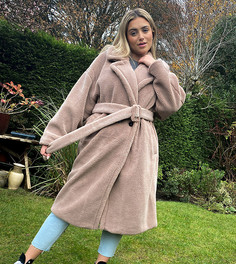 Пальто из искусственного меха в стиле oversized с поясом Native Youth Plus-Коричневый
