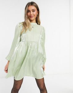 Платье с объемными рукавами и присборенной юбкой шалфейно-зеленого цвета Lola May-Зеленый