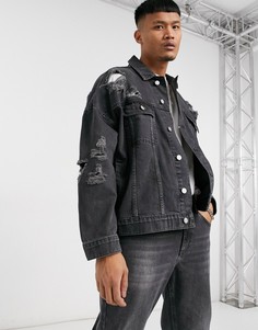 Черная выбеленная джинсовая куртка в стиле oversized со рваной отделкой ASOS DESIGN-Черный