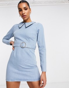 Джинсовое платье мини с поясом со стразами ASOS DESIGN-Голубой