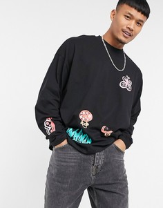 Черный oversized-лонгслив с принтом грибов и бабочек ASOS DESIGN