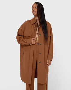 Коричневая удлиненная рубашка навыпуск Stradivarius-Коричневый