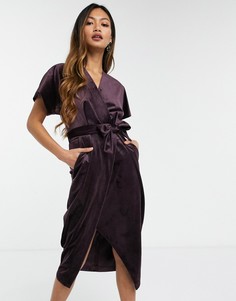 Сливовое бархатное платье миди с рукавами кимоно, запахом и поясом Closet London-Фиолетовый